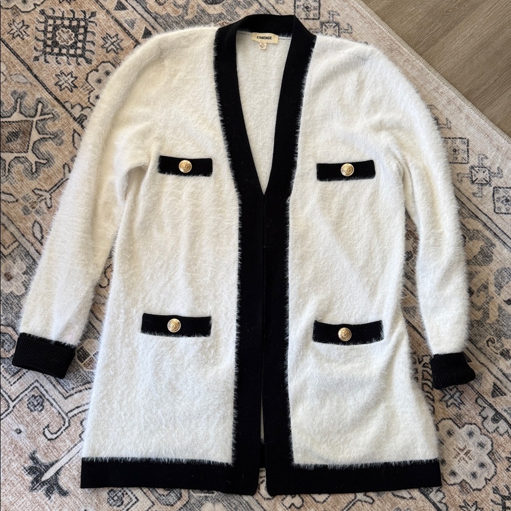 L'AGENCE Elin Four Pocket Black and White wool blend Cardigan with Gold Accents